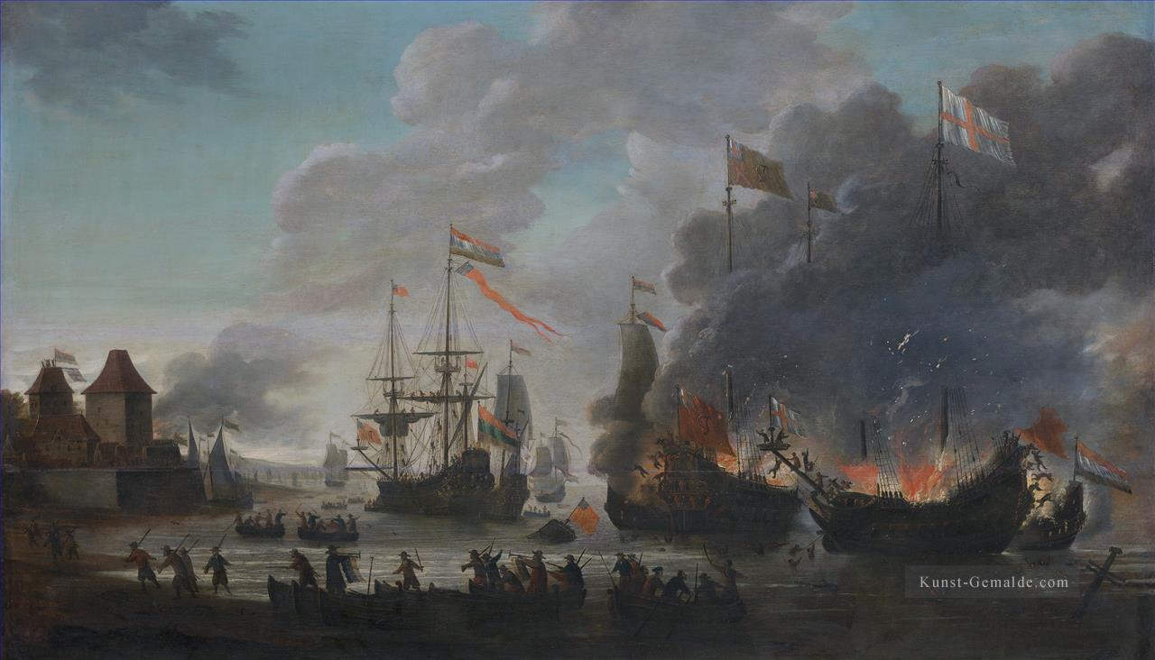 die niederländischen brennen englischen Schiffe während der Expedition nach Chatham Raid auf Medway 1667 Jan van Leyden 1669 Seeschlacht Ölgemälde